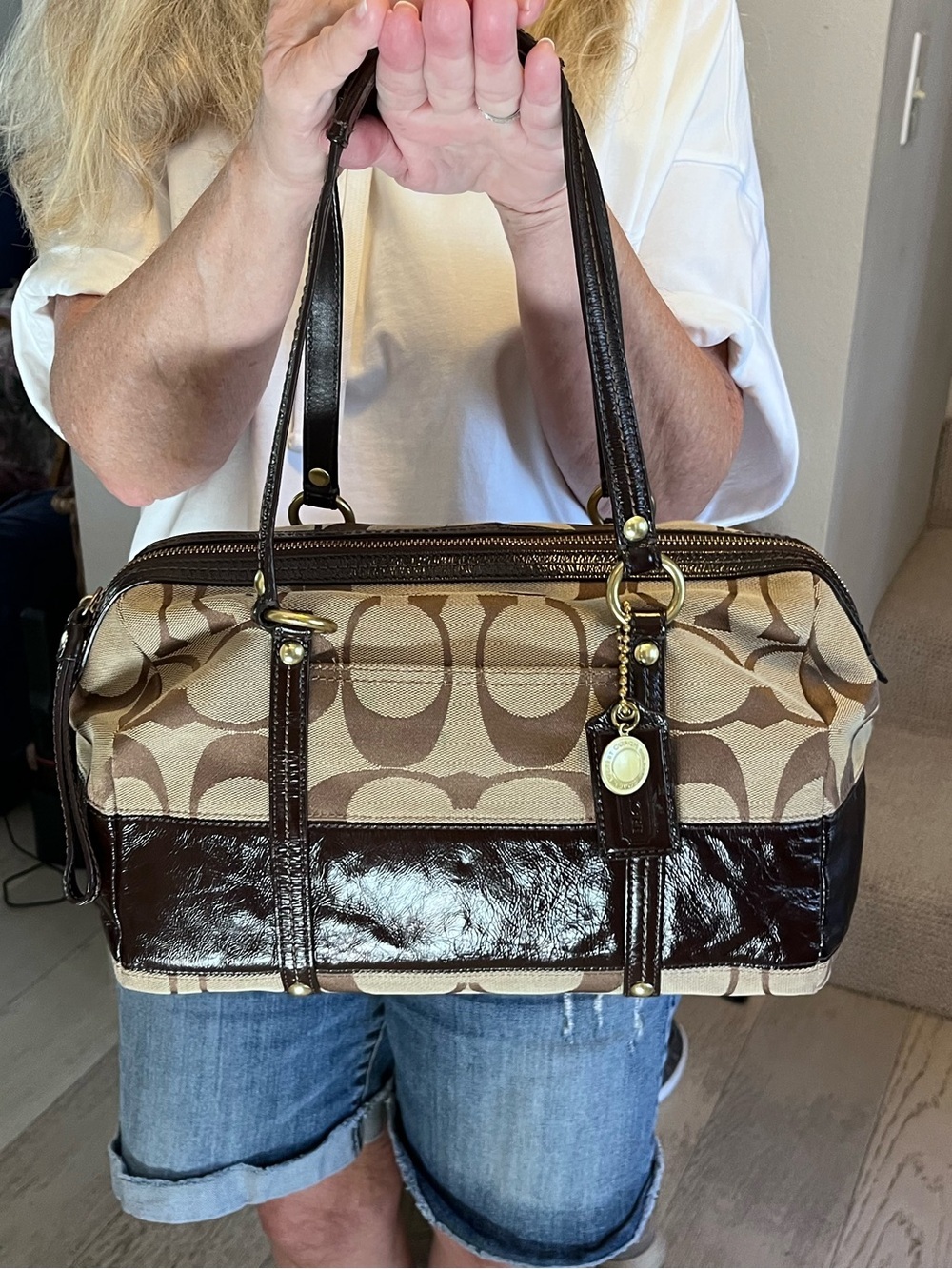 Vintage Coach Signature Canvas Satchel with Brown Leather Trim